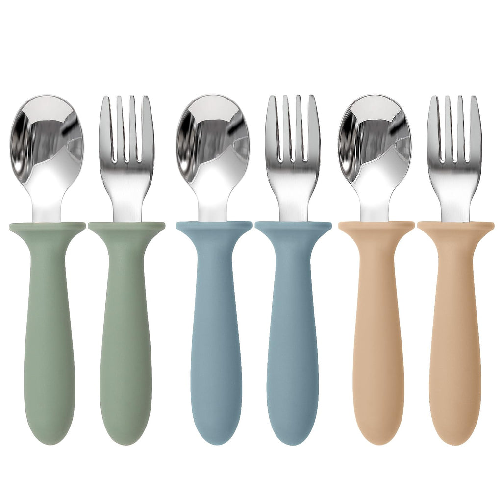 Eascrozn Toddler Utensils, 6 Pack Children Safe Forks and Spoons Set | kids Silverware Set with Silicone Handle, 18/8 Stainless Steel, BPA Free, Dishwasher Safe