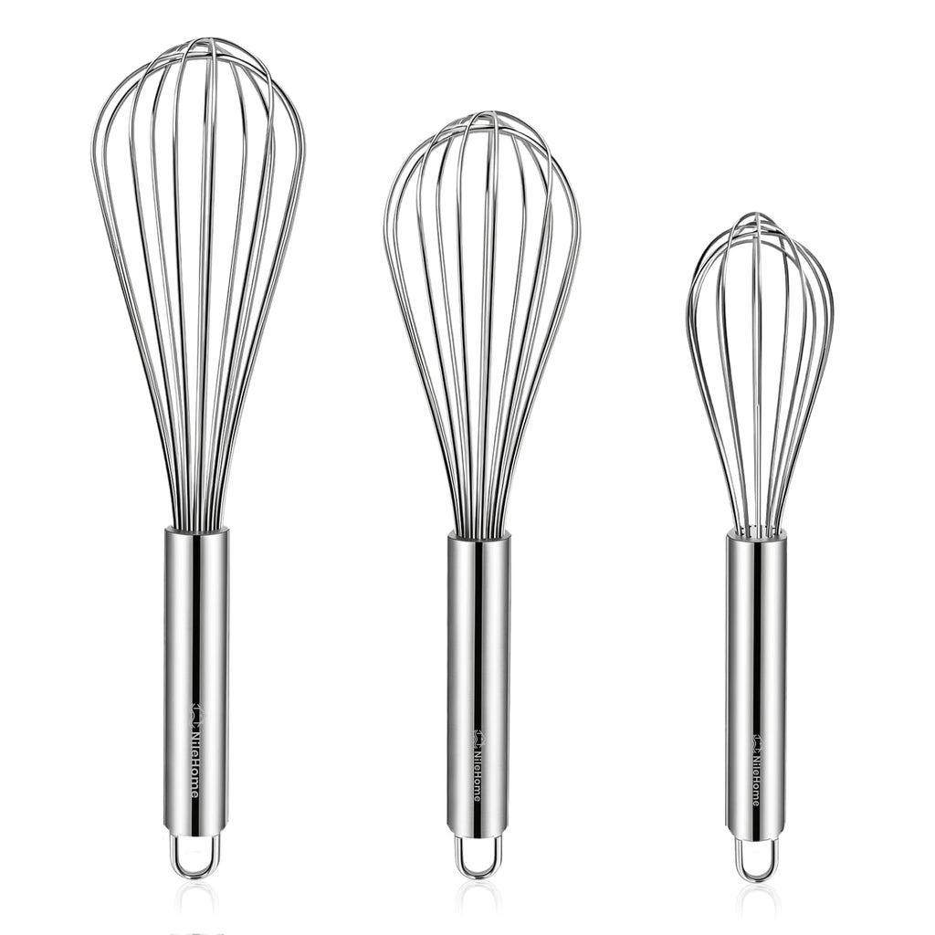 NileHome 3-Pack Stainless Steel Whisk Set, Kitchen Utensils for Cooking | Food-grade Material,Dishwasher Safe,8in+10in+12in,Easy to Clean and Store,Perfect for Cooking,Whisking and Blending