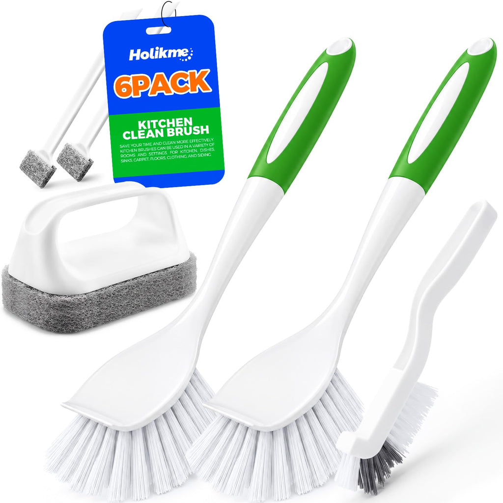 Holikme 6 Pack Dish Brush Set with Handle for Cleaning, Green | Kitchen Scrub Brushes for Cleaning, Dish Scrubber with Stiff Bristles & Scouring Pad for Sink, Pots, Pans, Bottles