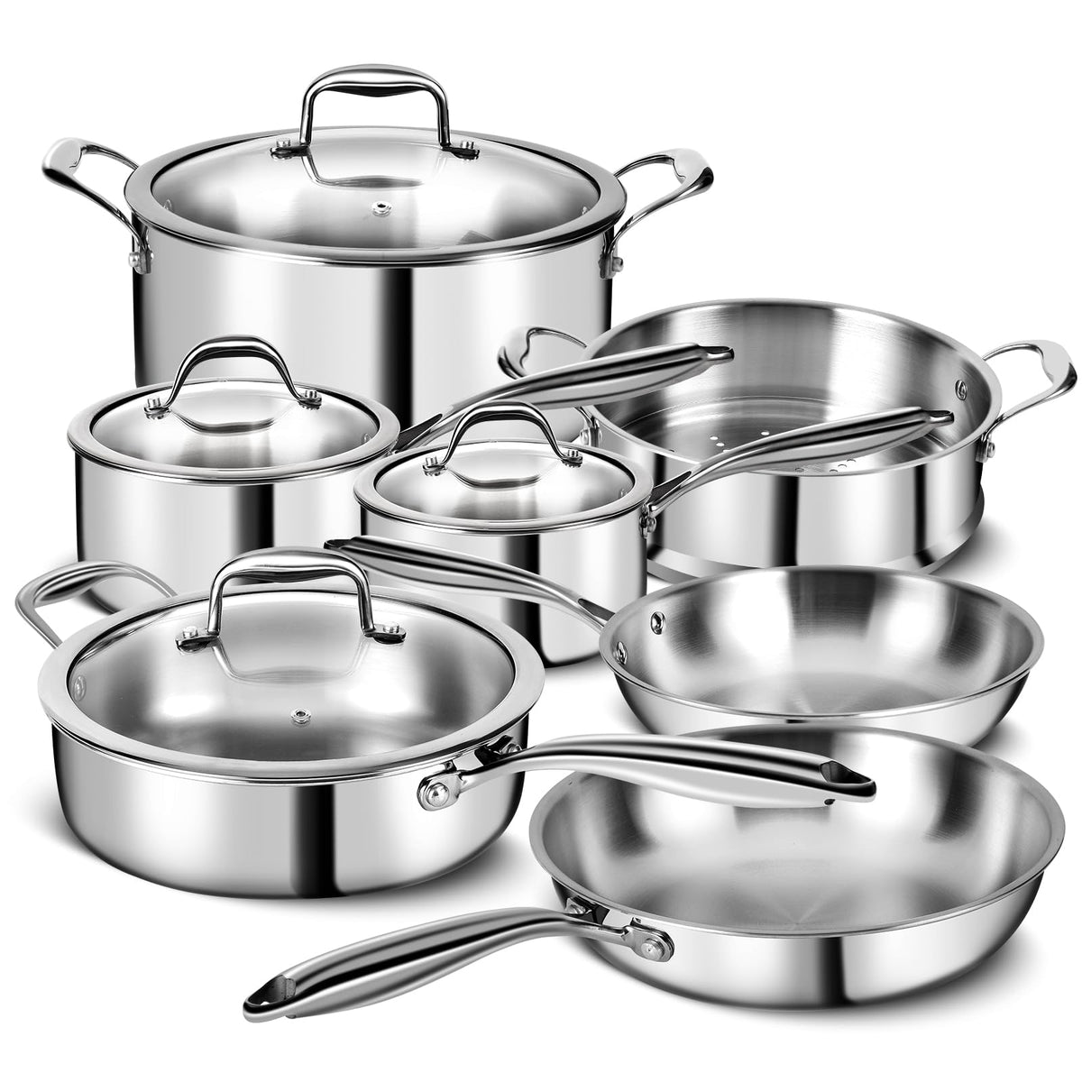 EWFEN 3 Ply Stainless Steel 11-Piece Cookware Set with Lids, Pots and Pans Kitchen Set, Non-Toxic, Induction, Oven, Dishwasher Safe, Professional Chef Quality