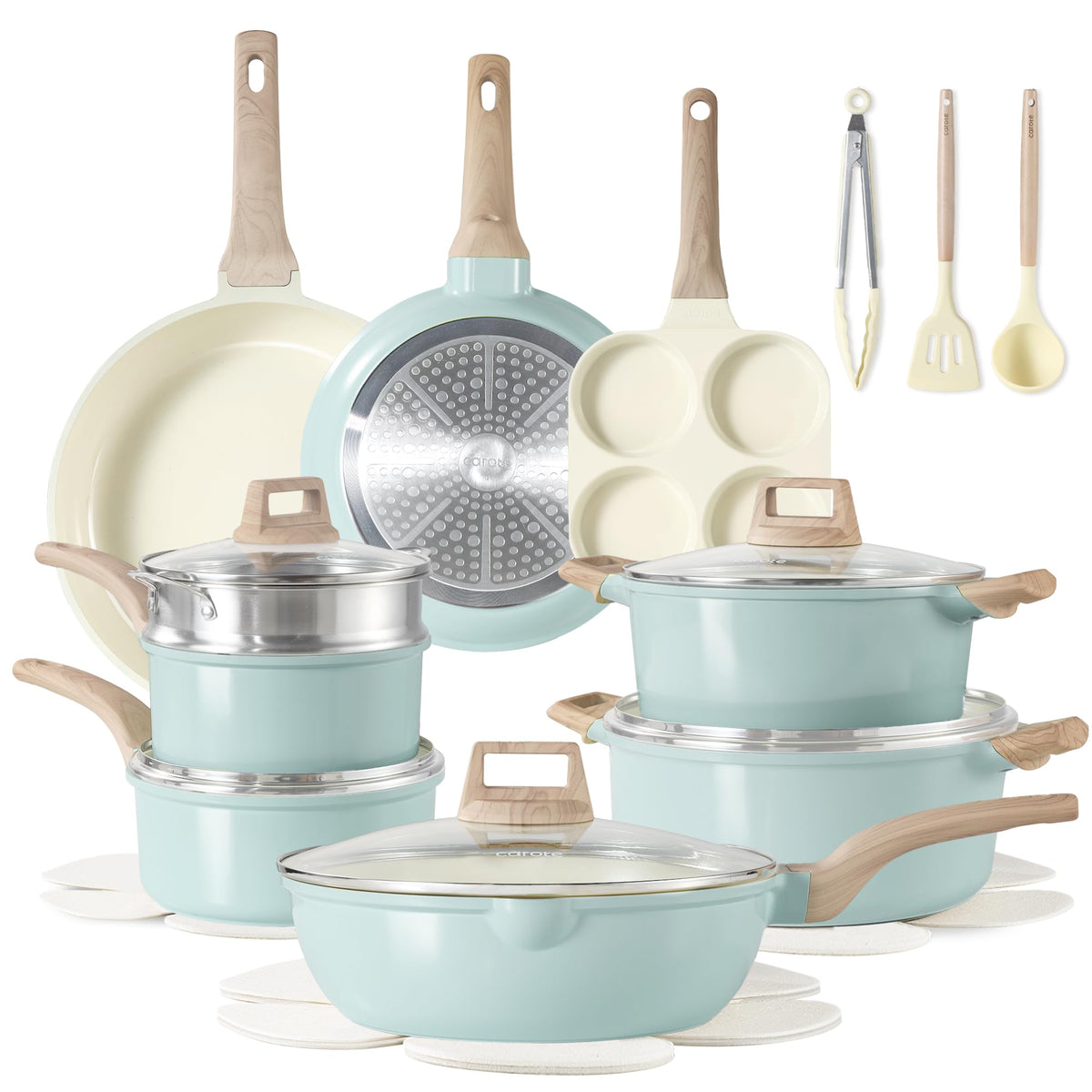 CAROTE 21pcs Ceramic Cookware Sets, Pots and Pans Set Blue