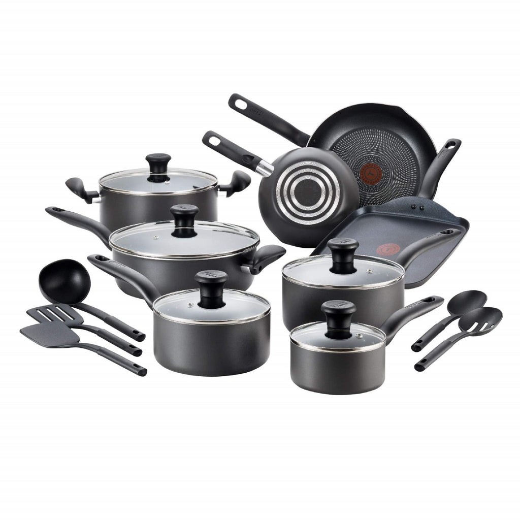 T-fal Initiatives Nonstick Cookware Set 18 Piece, Oven Broiler Safe 350F, Kitchen Cooking Set w/Fry Pans, Saucepans, Stockpots, Skillet, Spoons, Lids Pots and Pans Set Non Stick Dishwasher Safe Black