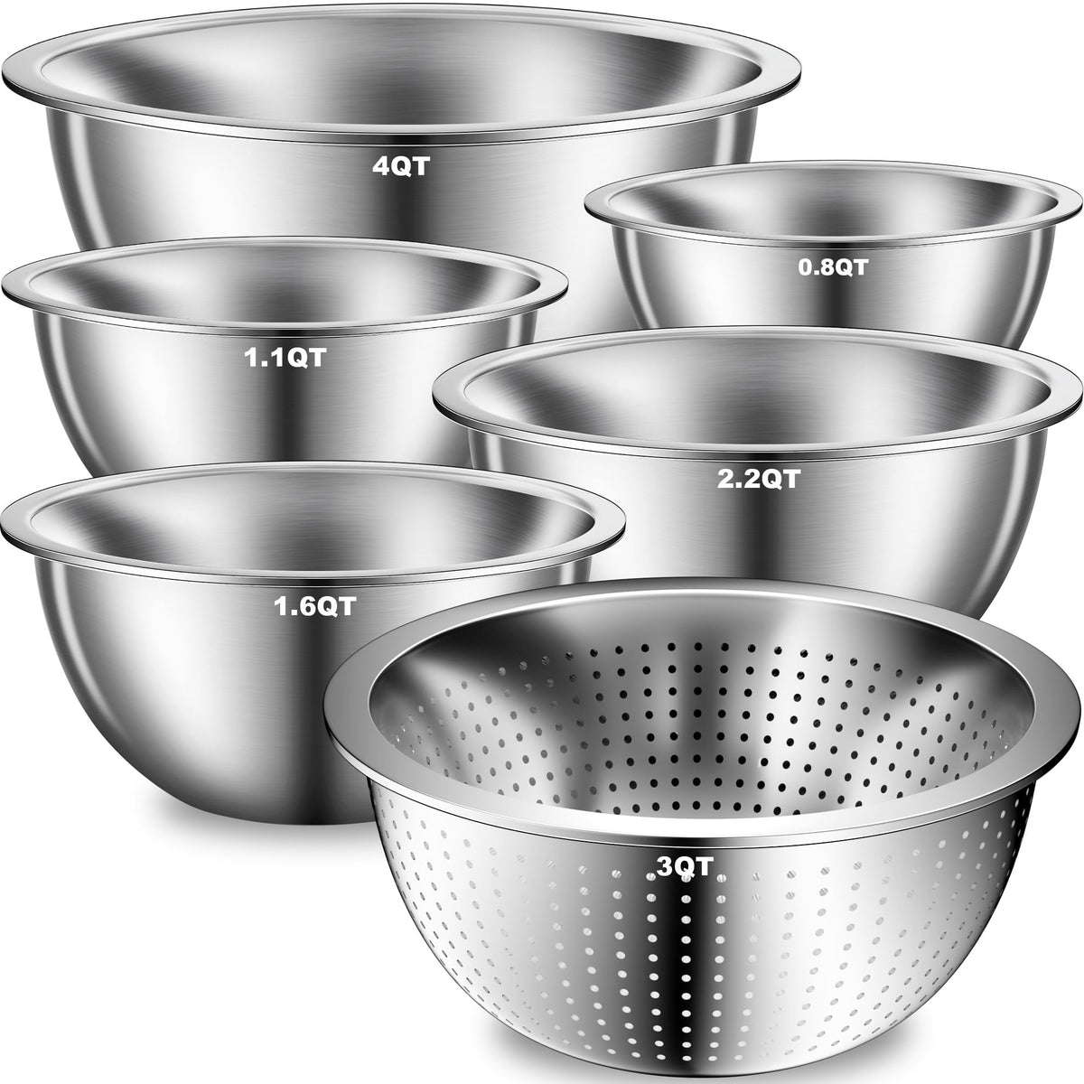 DUTZUN Kitchen Gadgets, Stainless Steel Mixing Bowls & Colander Strainer | Home & kitchen essentials for cooking, 5 nesting metal bowls with strainer for salad, baking & serving, dishwasher safe
