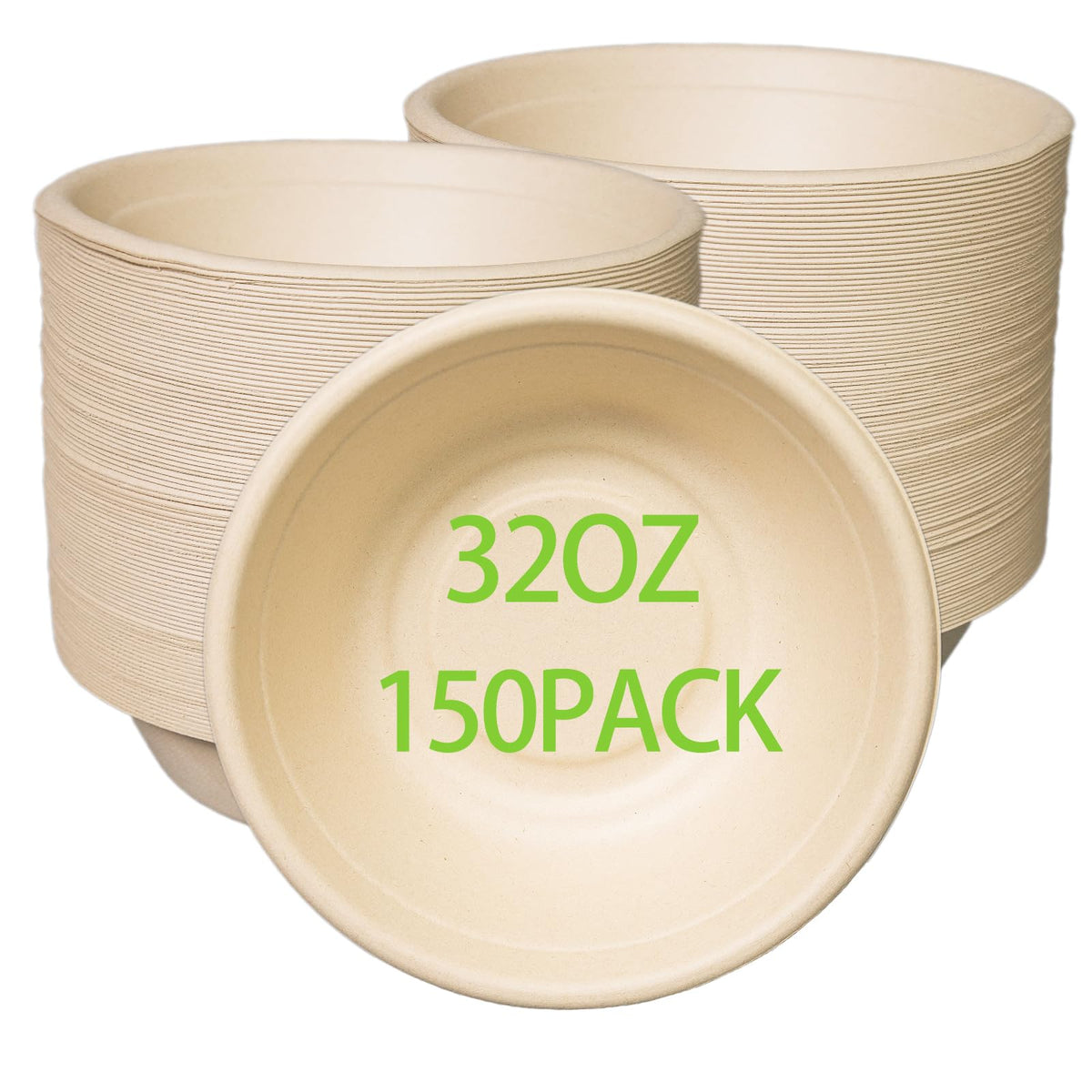 emlifepak 32oz Disposable Salad Bowls 150Pack, Big Paper Bowls, Large, Heavy-Duty, Eco-Friendly, Bulk Pack, Compostable Bowls, Biodegradable Made of Sugar Cane Fibers,Perfect For Salad