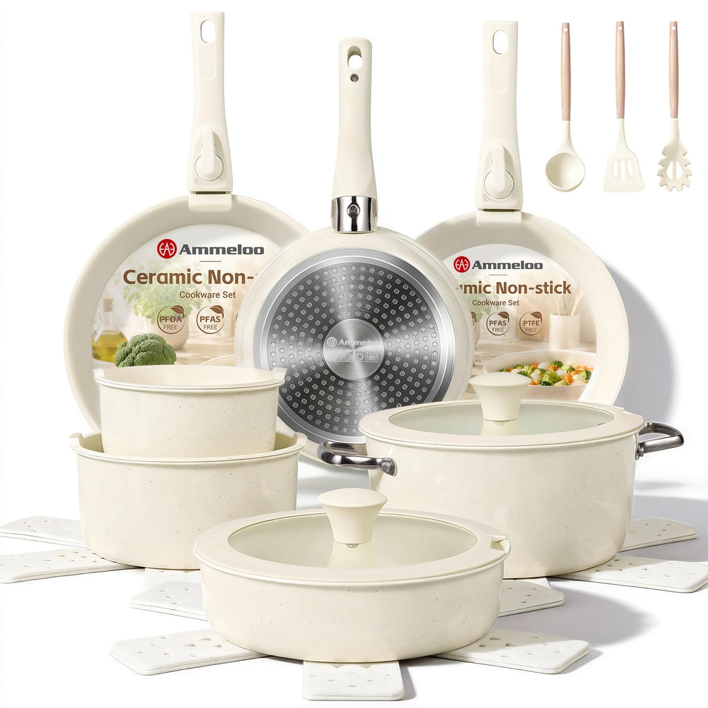 Ammeloo 24pcs Ceramic Cookware Set, Pots and Pans Set with Removable Handle