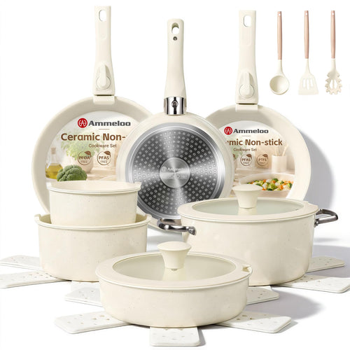 Ammeloo 24pcs Ceramic Cookware Set, Pots and Pans Set with Removable Handle