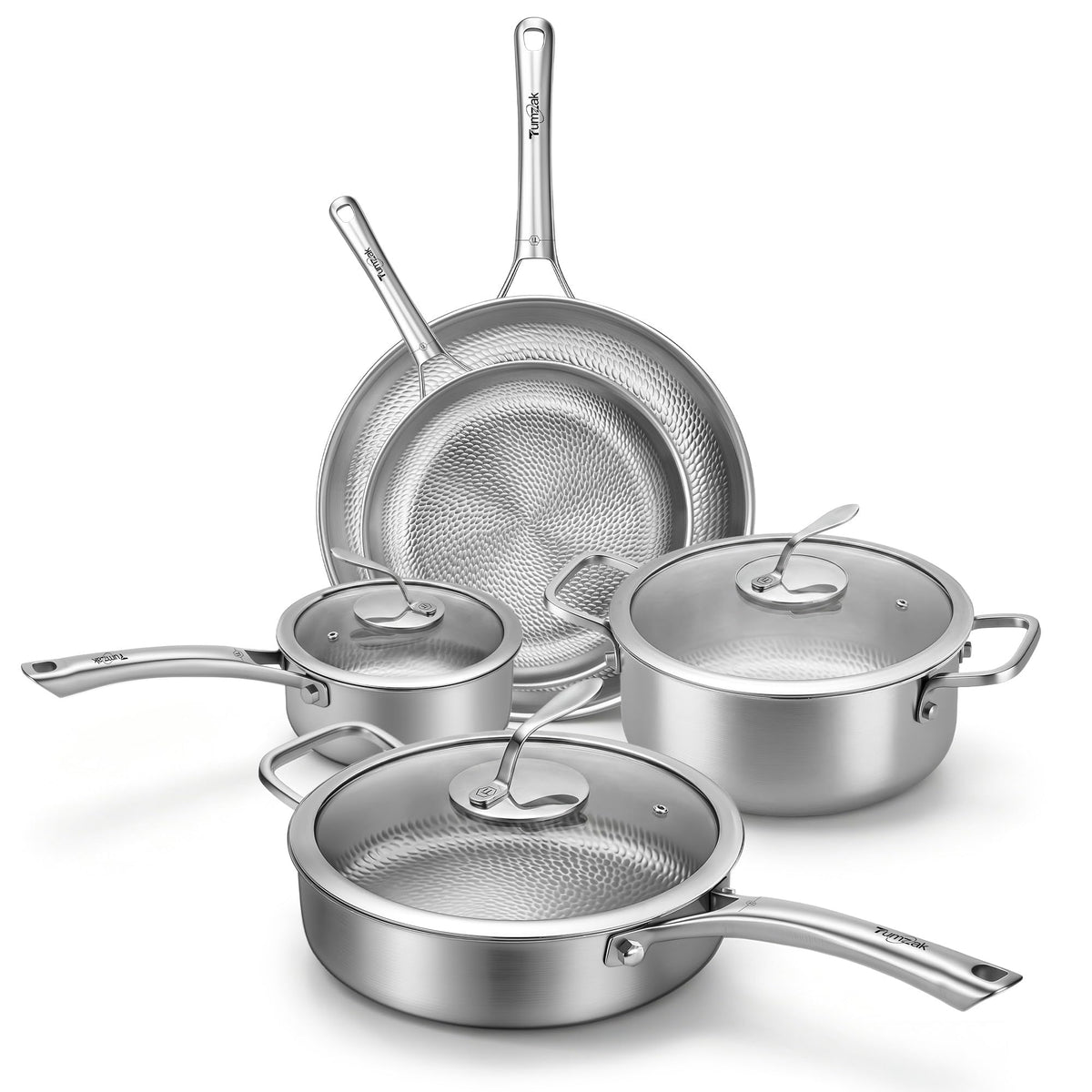 Tumzak Titanium Cookware Set, 8-Piece Pots and Pans Set, Non-Stick Hammered Pro Titanium Pan with Lid, PFAS/PFOA/PTFE-Free, Dishwasher & Oven Safe, Compatible with Gas Stoves and Induction Cooktops
