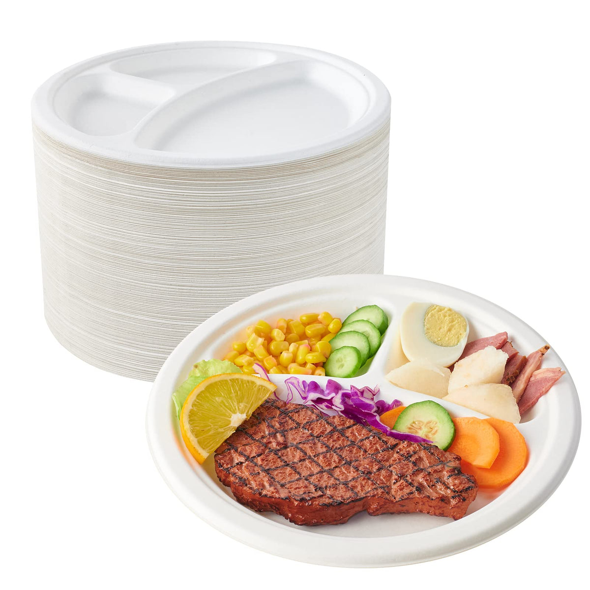 ECOLipak Compostable Disposable 3 Compartment Paper Plates, 10 inch, White | 150 Pack, Heavy-Duty Disposable Biodegradable Sugarcane Bagasse Paper Plates for Party Dinner
