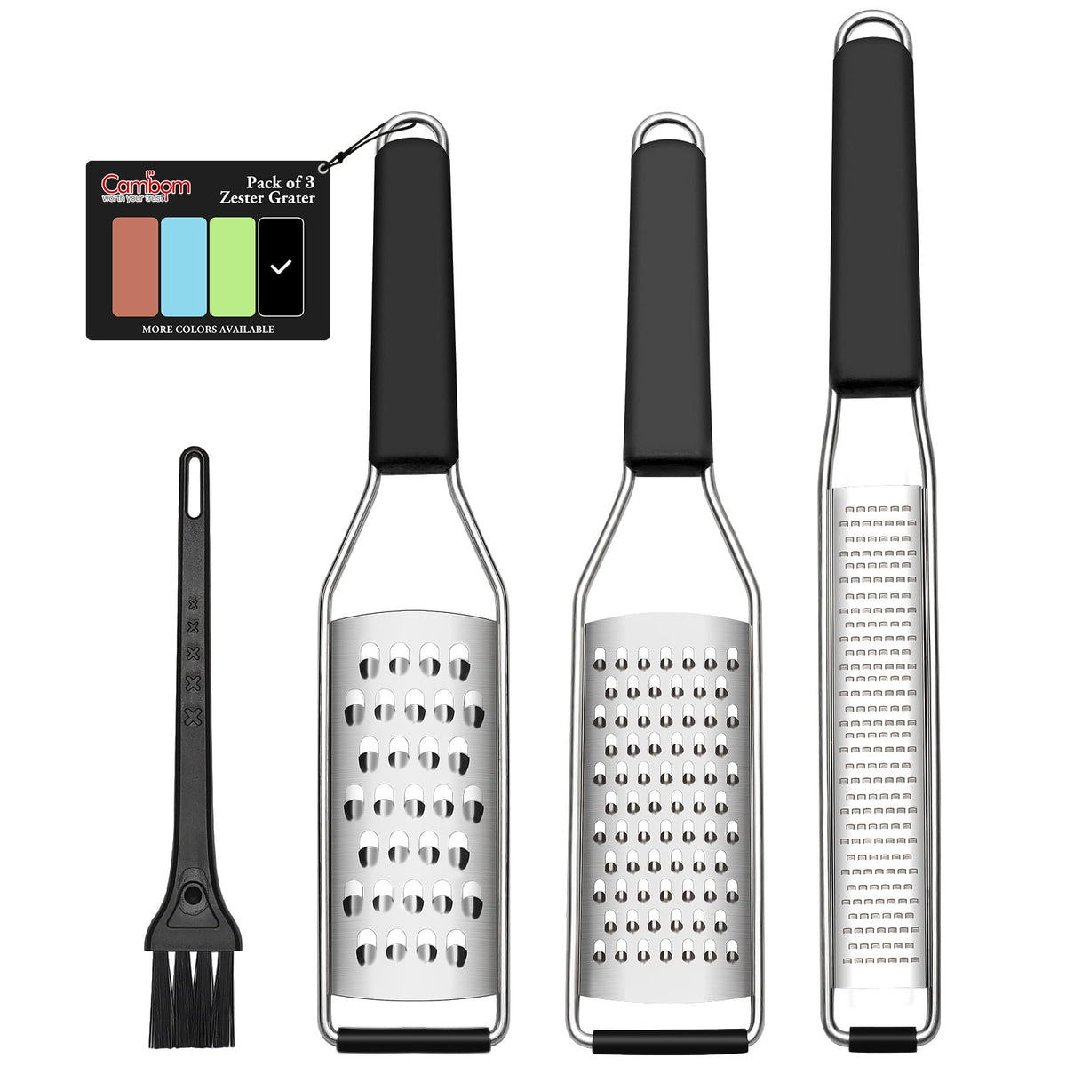 Cambom Lemon Zester Grater Three-piece Suit - Heavy Duty Kitchen Tool for Parmesan Cheese, Ginger, Garlic, Nutmeg, Chocolate, Vegetables，Fruits，Stainless Steel Grater Dishwasher Safe Black