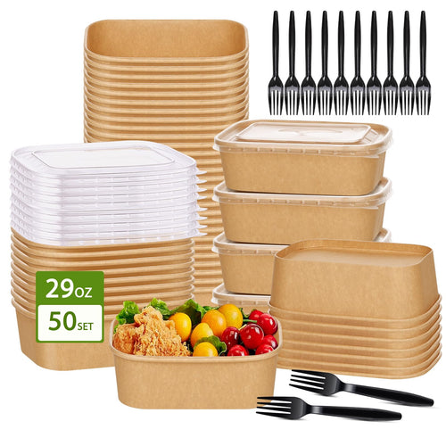 50 Disposable Meal Prep Containers 29oz Kraft Paper Bowls with Lids & Forks | Leak-Proof, BPA-Free, Freezer & Microwave Safe, Disposable Food Containers for Lunch, Deli Salad, Snack, Meal Prep & Takeout