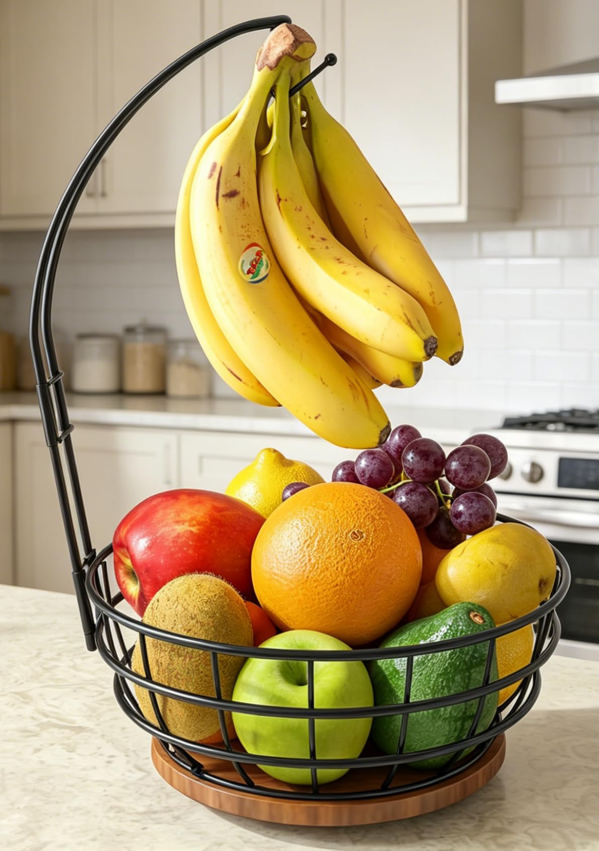 Sevenblue 360° Rotating Fruit Bowl for Kitchen Counter with Banana Holder | Stable Metal Basket with Wooden Lazy Susan Base, Upgraded Banana Hanger Prevents Bruising, Ideal for Fruits, Bananas & Snacks