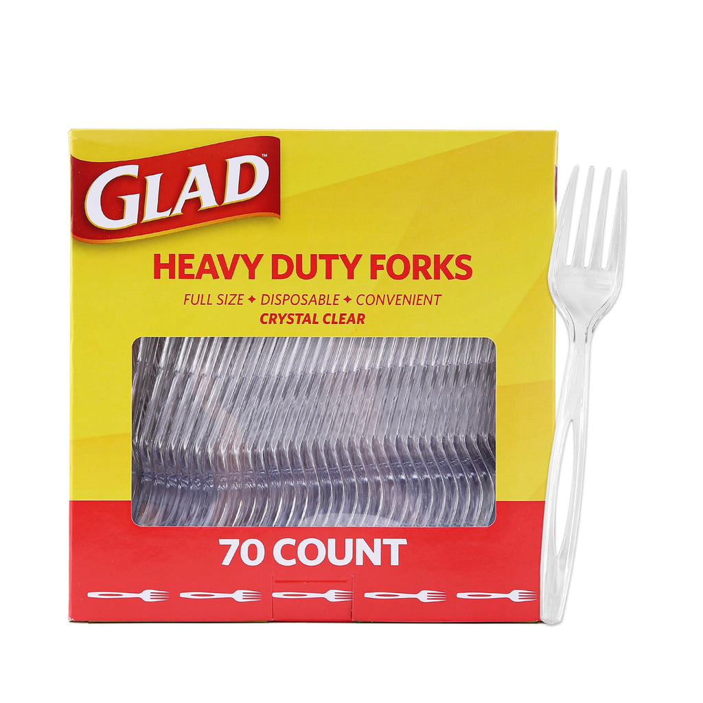 Glad Clear Heavy Duty Disposable Plastic Forks, Standard Size, 70 Count | Break-resistant, reduced-plastic forks for parties, camping, and everyday meals, top-rack reusable