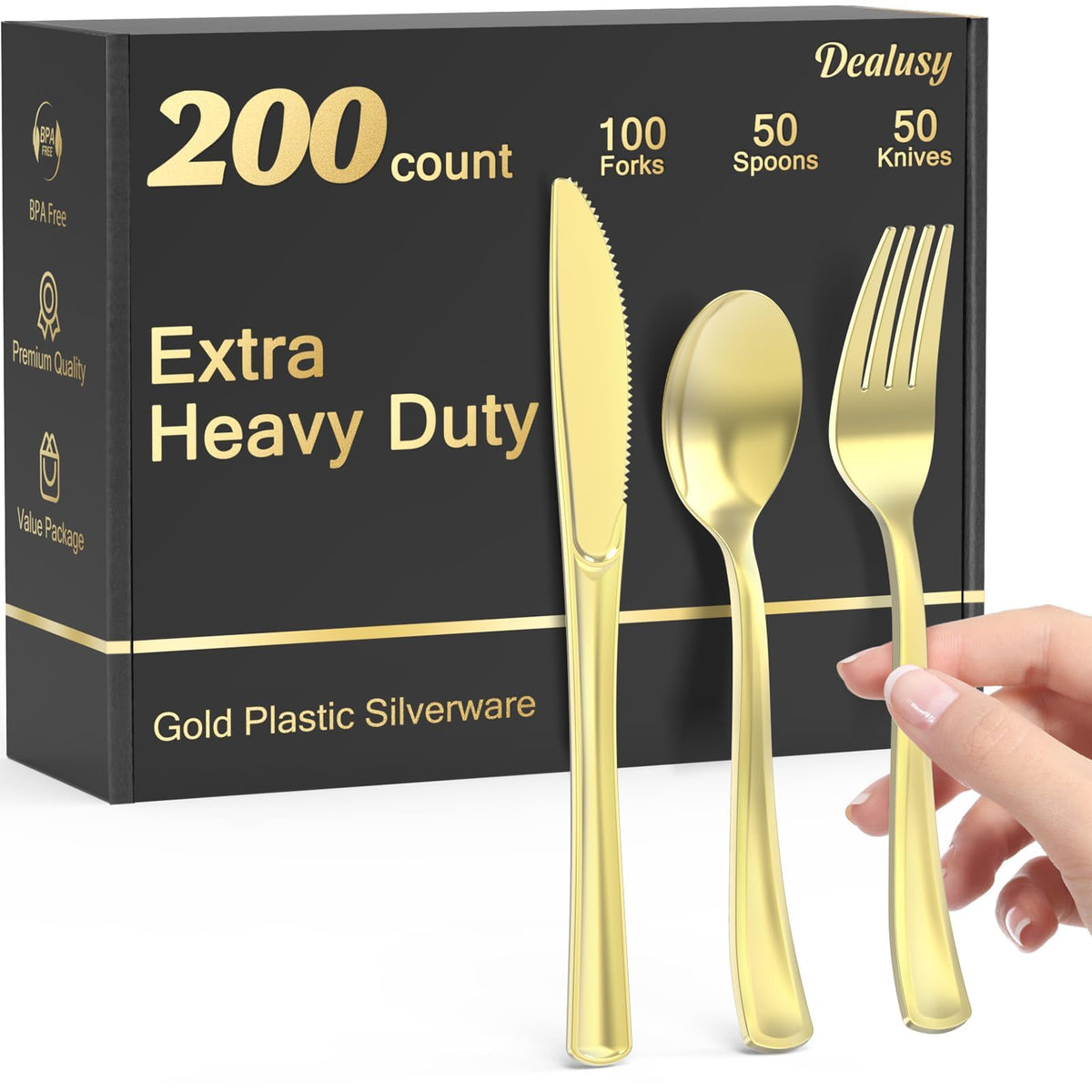Dealusy 200 Count Heavy Duty Gold Plastic Silverware | 100 Forks, 50 Spoons, 50 Knives, BPA-Free, Heat Resistant, Disposable Plastic Utensils Set Cutlery Set, Plasticware Bulk
