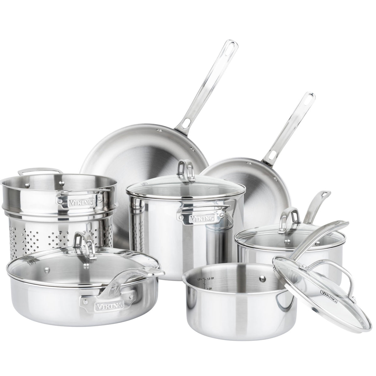 Viking Artisan 3-Ply Stainless Steel 11-Piece Cookware Set with Vented Glass Lids, Fry Pans, Saucepans, Saute Pan, Stock Pot with Strainer Insert, Oven Safe up to 600F