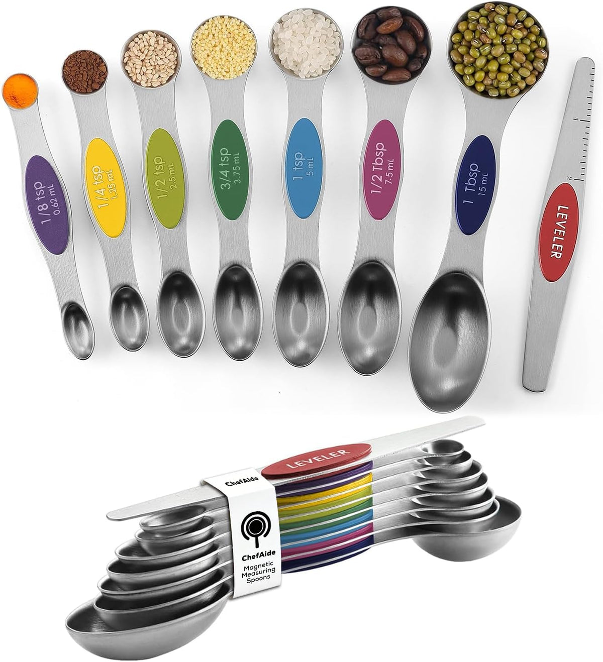 ChefAide Set of 8 Magnetic Measuring Spoons, Stainless Steel, Dual Sided | Stackable Metal Teaspoon & Tablespoon, with Leveler for Dry & Liquid Ingredients, Nesting, Dishwasher Safe, Practical Kitchen