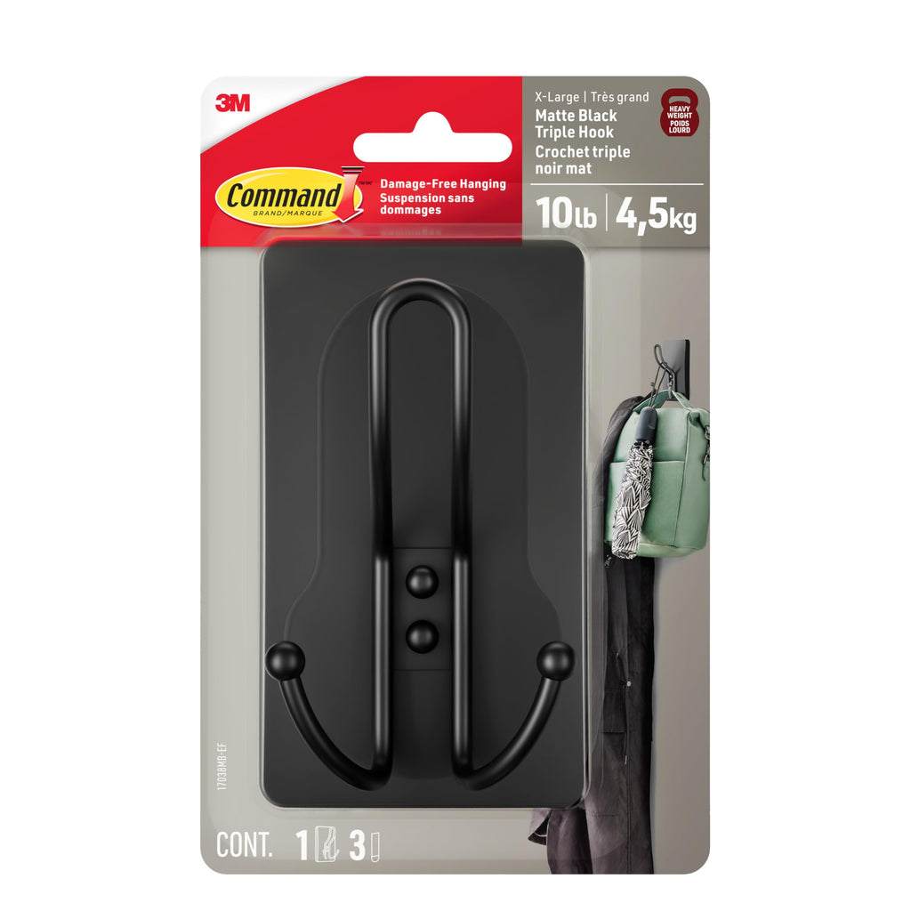 Command X-Large Black Triple Hooks, 1 Hook, 3 Strips | Heavy Duty, Damage-Free Hanging with Adhesive Strips, No Tools Wall Hook for Hanging Decorations, Holds up to 10 lb