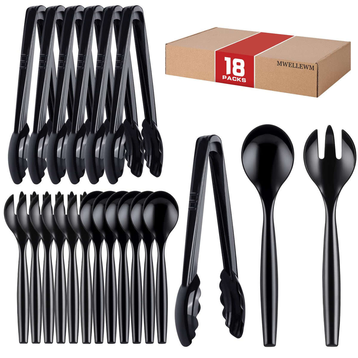 Mwellewm Plastic Serving Utensils Set, Disposable Tongs Spoons for Buffet | 10Inch Heavy Duty, BPA free,18Pc Party Catering Supplies Buffet Display Utensils for Restaurant, Wedding, Banquet, Food,Black