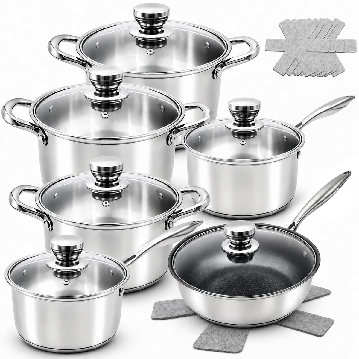 Lunalua Stainless Steel Cookware Set - 18-Piece Nonstick Cookware Set Includes 2 Milk Pots, 3 Stock Pots, 1 Frying Pans, 6 Trivets Mat and Lids, with Cool Grip Handles, Oven Dishwasher Safe