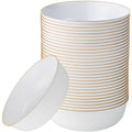 [30 Pack 16 OZ Bowls] Edge Collection White with Gold Rim Plastic Party Soup Bowls Premium heavyweight Elegant Disposable Tableware Dishes
