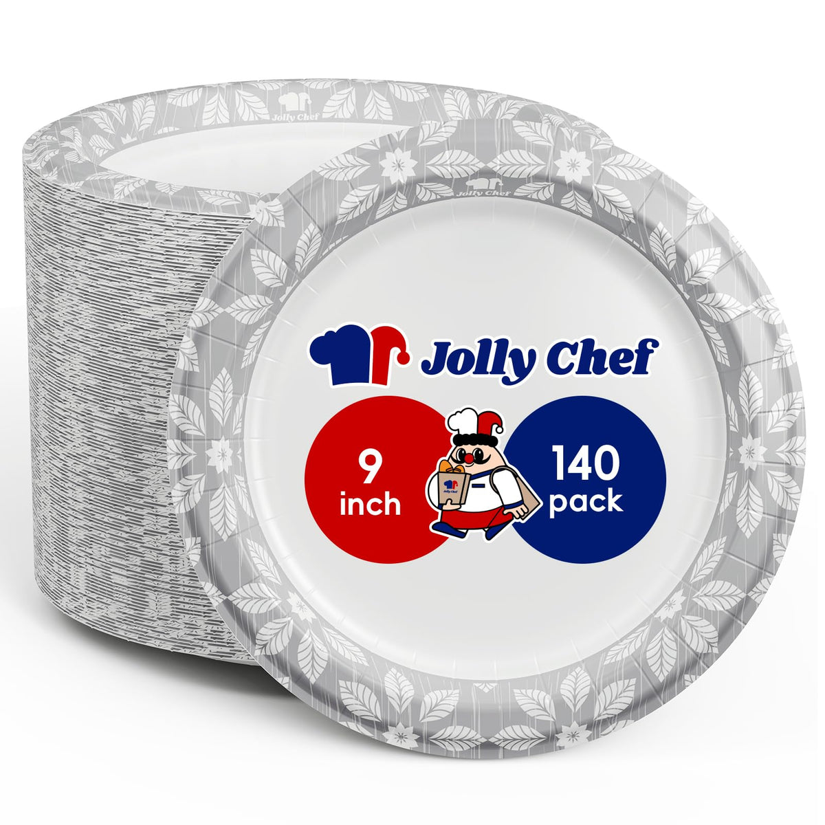 JOLLY CHEF 9 inch 140 Pack Disposable Paper Plates | Soak Proof, Cut Proof, Heavy Duty Printed Paper Plates for Everyday Use