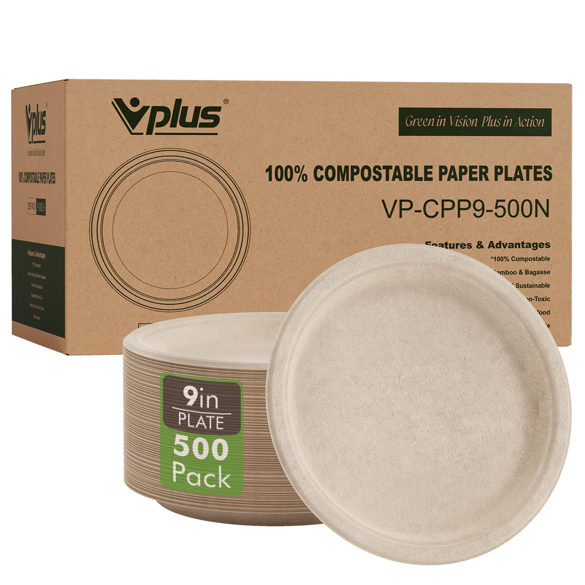 Vplus 500 Pack Compostable Bagasse Paper Plates 9 inch, Nature | Super Strong Paper Plates, 100% Bagasse, Natural Biodegradable, Perfect for Dinner, Gathering, and Picnic