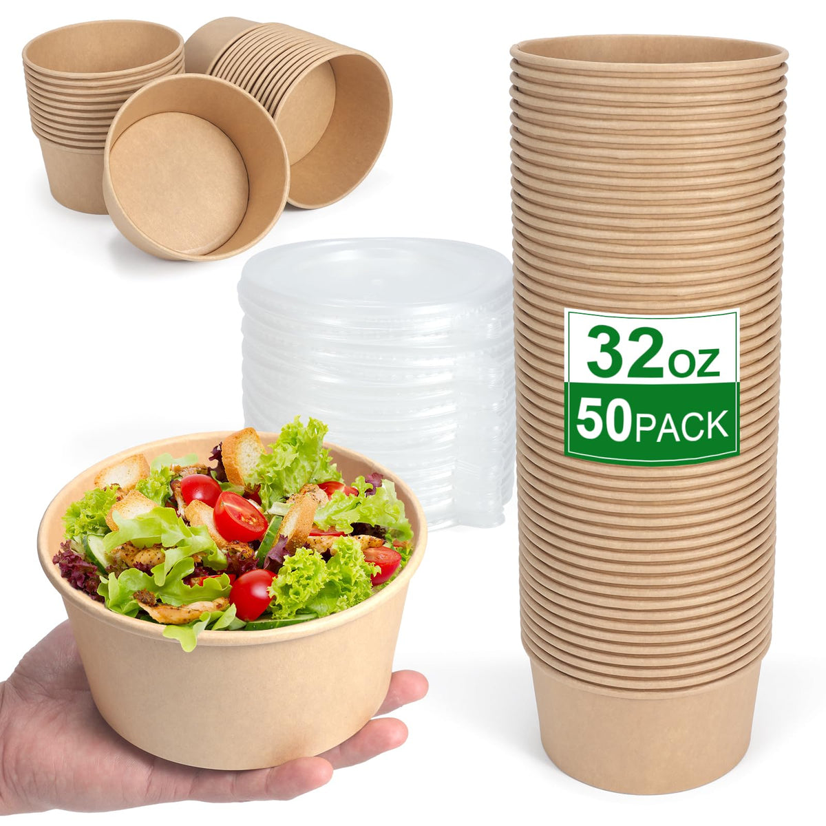 DUIBAOCHUN 50 Pcs 32 Oz disposable meal prep containers，paper bowls with lids，disposable soup bowls，soup bowls disposable hot/cold，disposable salad bowls with lids，