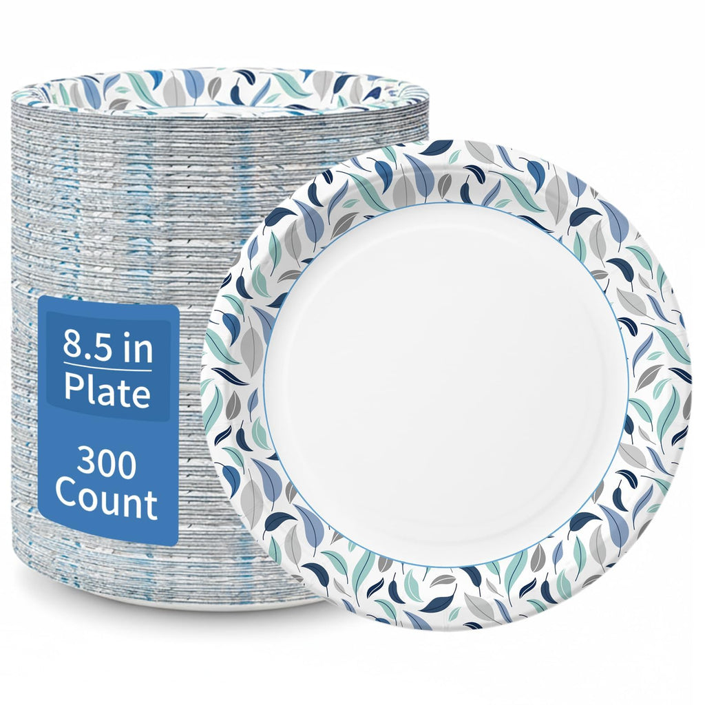 OuMuaMua 8.5 Inch Paper Plates, 300 Count Disposable Paper Plates | Soak Proof & Cut Resistant, Microwave Safe, Bulk Plates for Everyday Meals, Lunch & Family Use