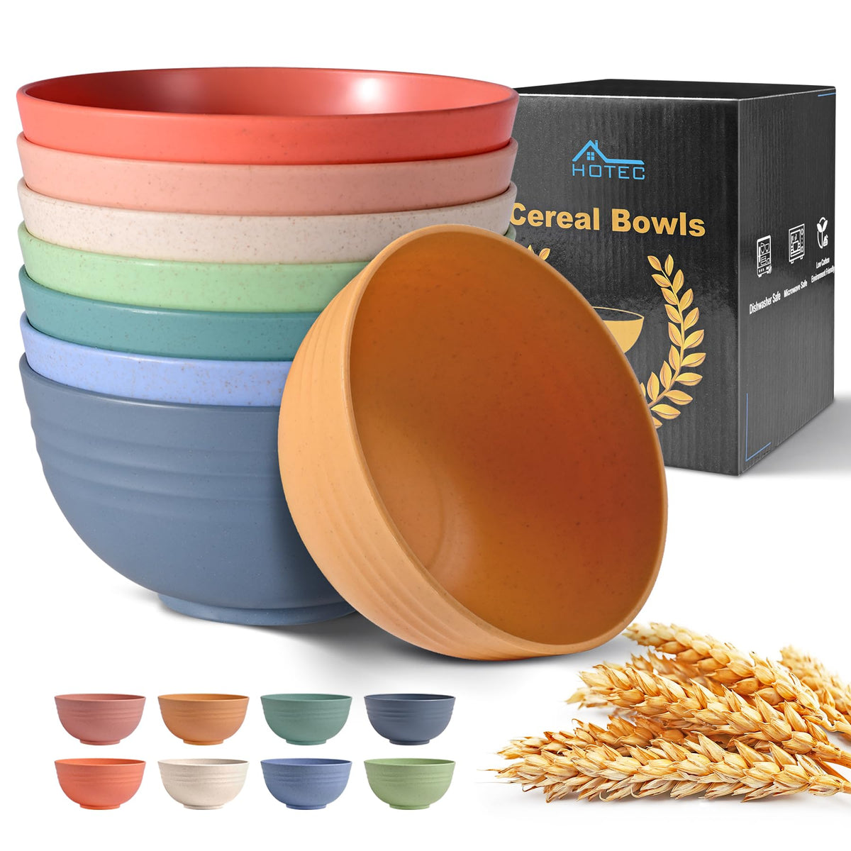HOTEC 8-Pack 26oz Wheat Straw Cereal Plastic Bowls set, Multicolor | BPA Free Unbreakable, Microwave Safe, Dishwasher Safe, Soup and Salad Bowls