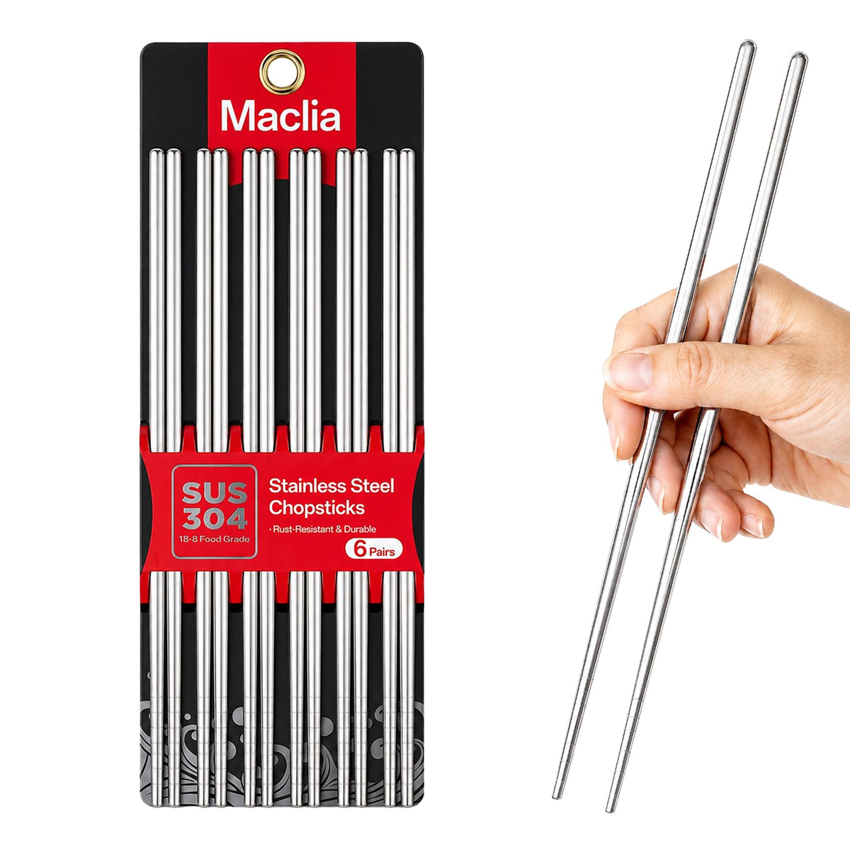 Maclia 6 Pairs 304 Stainless Steel Reusable Chopsticks, Silver | Non-Slip Tips, Dishwasher Safe & Lightweight, For Sushi, Ramen, Noodles, Rice & Asian Cuisine, Premium Gift Set, Food Grade
