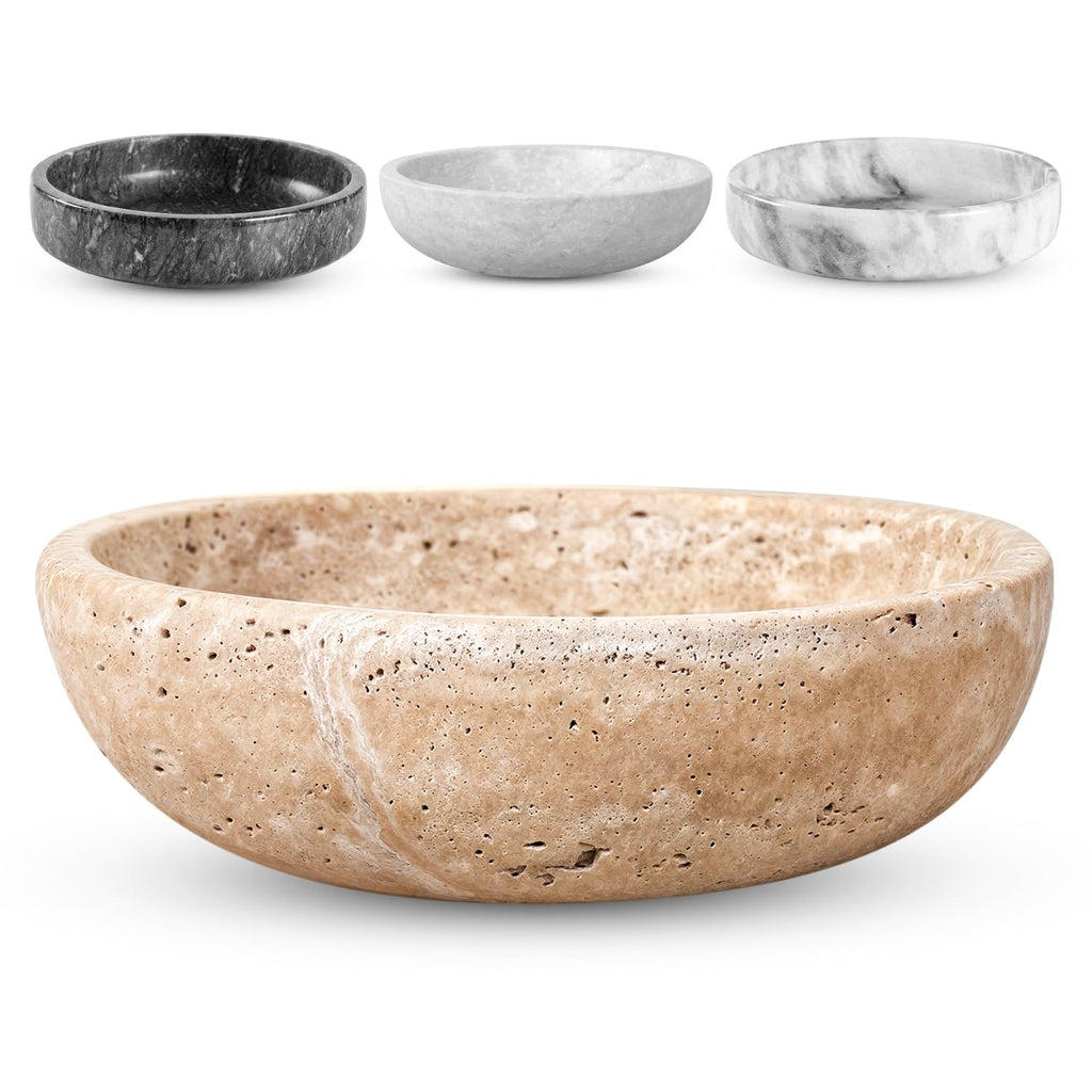 FNTSTICGOODS Travertine Decorative Bowl - 7.8” Diameter & 2” Height - Key Bowl for Entryway Table - Travertine - Organic Modern Centerpiece - Beige/Natural