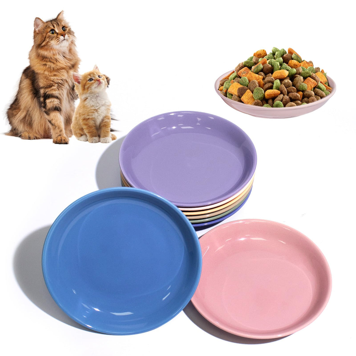 [8 Pack] Ceramic Cat Food Bowl, Colorful Cat Bowls Whisker-Friendly, 5.9" Shallow Wide Kitten Plates, Easy to Clean Indoor Feeding Dishes