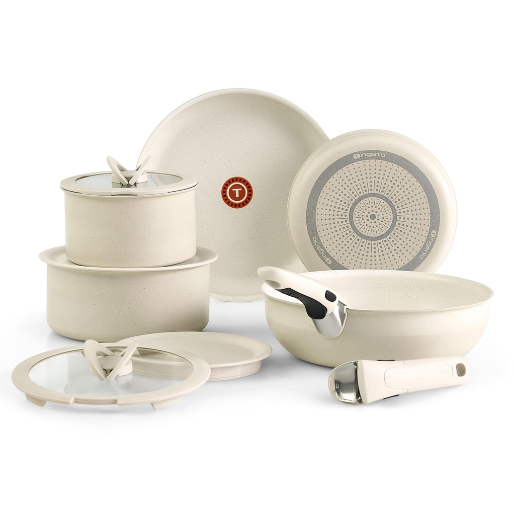 T-fal Ingenio Essentials Cookware Set with Detachable/Removable Handle 11 Piece, Granite Titanium Non Stick, Oven Broiler Safe 500F, Stackable, Pots and Pans Set, Frying Pans, Dishwasher Safe, Beige