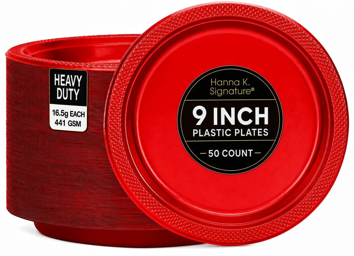 Hanna K. Signature Collection Red Plastic Plates, 9‑Inch Round, 50 Count – Disposable Heavy‑Duty Dinner Party Plates for Weddings, BBQs & Birthdays