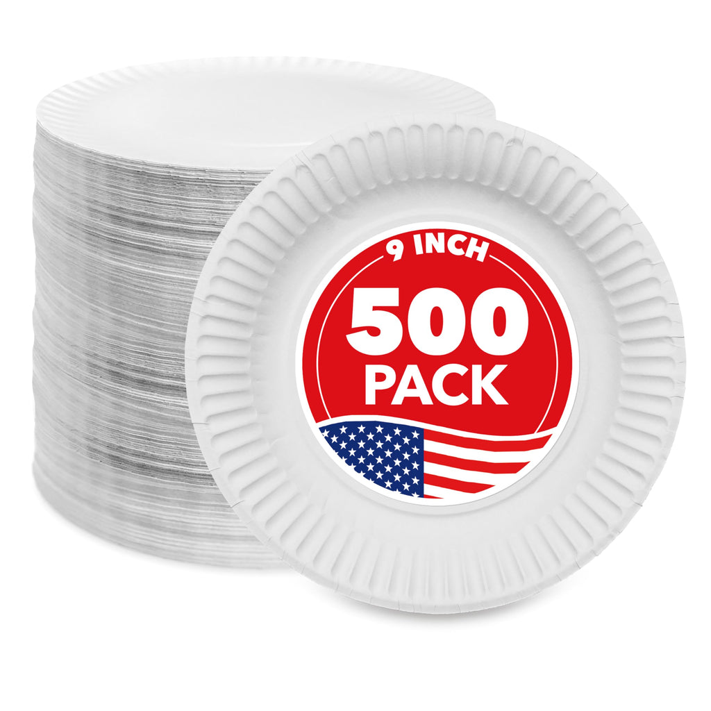 Stock Your Home 9-Inch Paper Plates Uncoated, Everyday Disposable Plates 9" Paper Plate Bulk, White, 500 Count