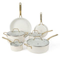 Martha Stewart Lockton Premium Non stick Non Toxic PFA Free Ceramic Interior 10 Piece Heavy Gauge Enamel Aluminum Pots and Pans Cookware Set - Linen White w/Gold Handle