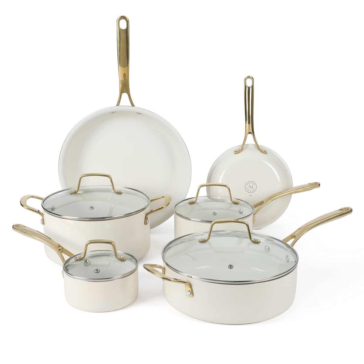 Martha Stewart Lockton Premium Non stick Non Toxic PFA Free Ceramic Interior 10 Piece Heavy Gauge Enamel Aluminum Pots and Pans Cookware Set - Linen White w/Gold Handle