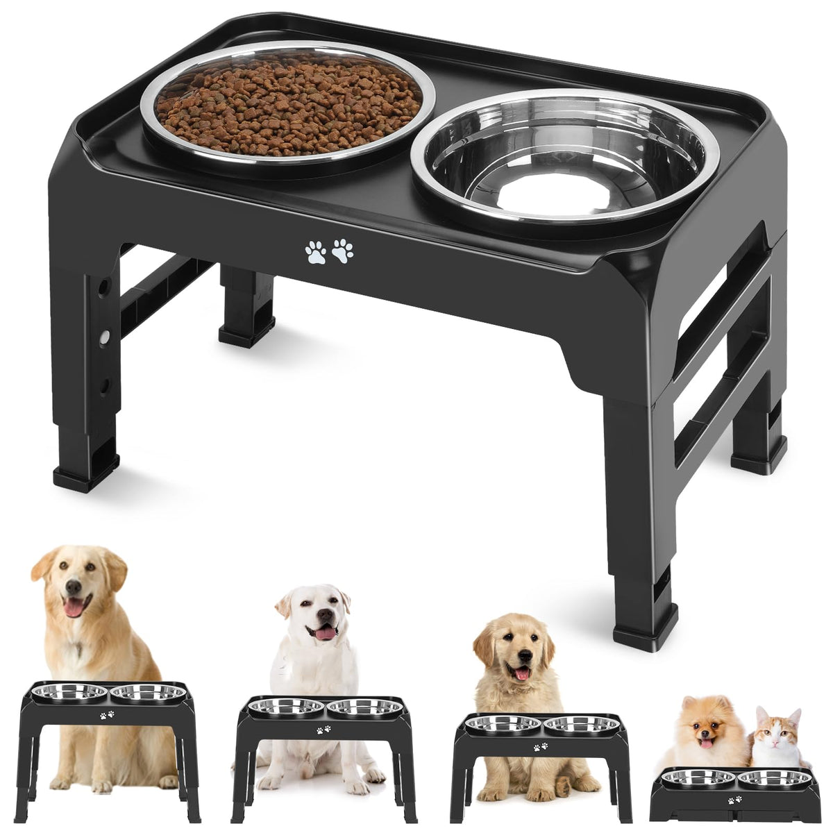COMESOON Elevated Dog Bowls, 4 Height Adjustable Raised Bowl Stand with 2 Thick 50oz Stainless Steel Food Bowls Non-Slip Feeder Adjusts to 3.7'', 9.2'', 10.75'', 12.36'' Black, (DB-W01)