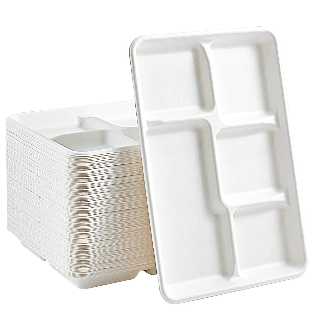 Vplus Compostable 5 Compartment Paper Plates, 100 Pack, 12.5 x 8.6 inch | Disposable School Lunch Trays, Eco-Friendly Bagasse Plates, Perfect for Buffet, and Party