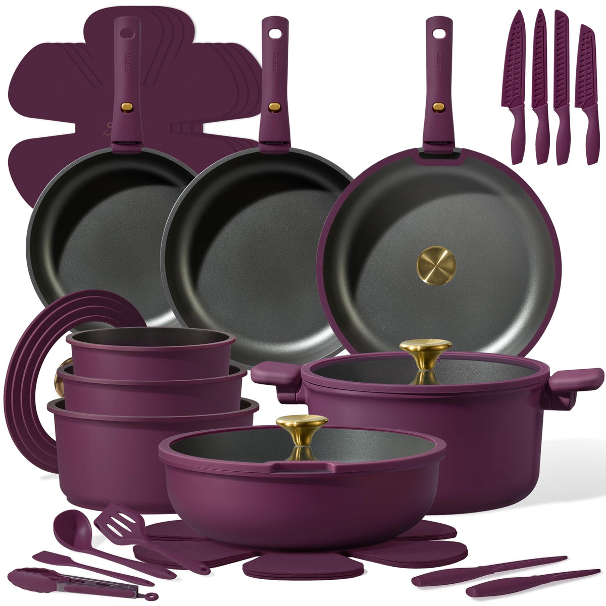 CAROTE 38pcs Pots and Pans Set with Knife, Detachable Handle Cookware