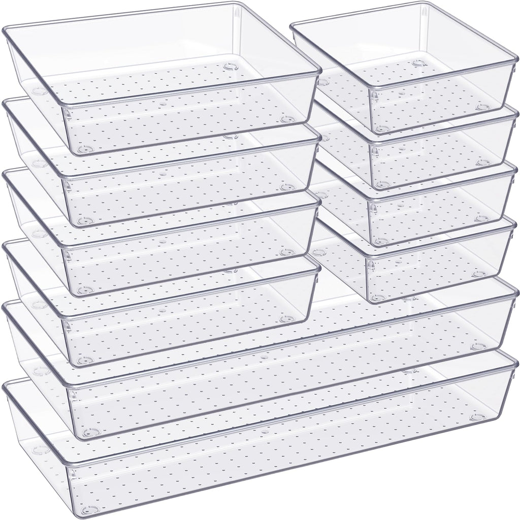 Criusia Drawer Organizer, 10 Pack Large Clear Plastic Set, 3 Size Versatile Bathroom and Vanity Organizer Trays, Storage Bins for Makeup, Bedroom, Kitchen Utensils