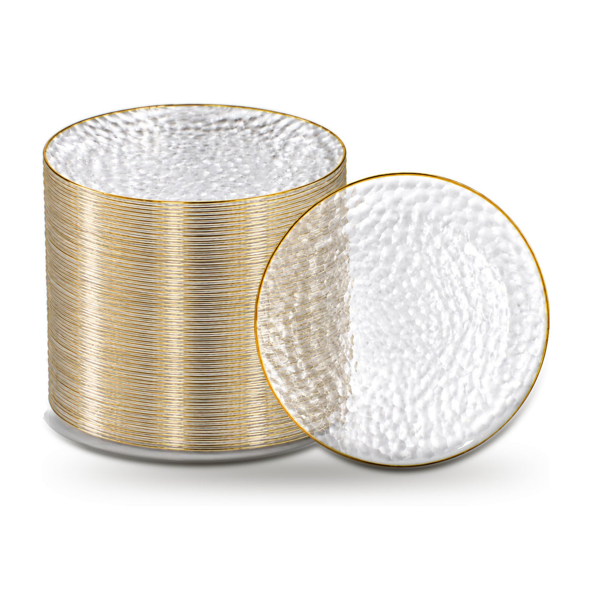 R-kay 100 Pack Clear Plastic Plates - 6.25 IN Hammered Gold Rimmed Sturdy, Durable And Extra Heavy duty Gold Plastic Dessert Plates Disposable - Ideal For Appetizer And And For Desserts.
