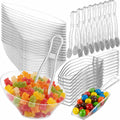 Clear Plastic Candy Bowls 6 oz (32 Pcs Set) - Candy Bar Container Display | Includes 16 Angled Bowls w/ 8 Scoops & 8 Tongs, Buffets, Ice Cream Sundae Dessert Supplies, Toppings & Party Serving Cups