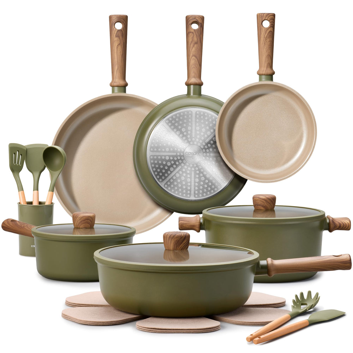 CAROTE 21pcs Ceramic Cookware Set, Pots and Pans Set, Green