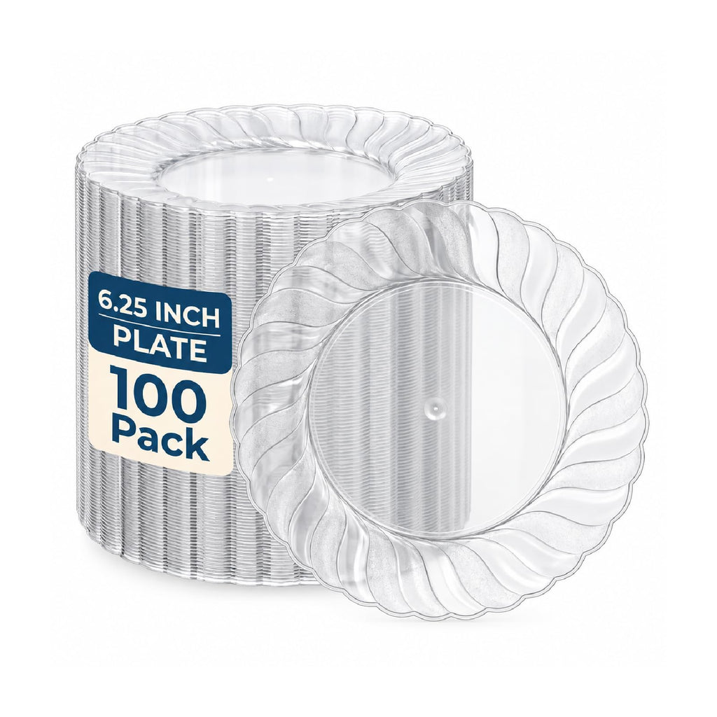 Ricvan Clear Plastic Dessert Plates, 6.25 Inch, 100 Pack, Heavy Duty | BPA-Free Hard Plastic Plates for Desserts and Appetizers; Disposable or Hand Washable for Parties, Weddings and Catering