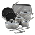 Rachael Ray Classic Brights Hard Enamel Aluminum, 14-Piece, Sea Salt Gray