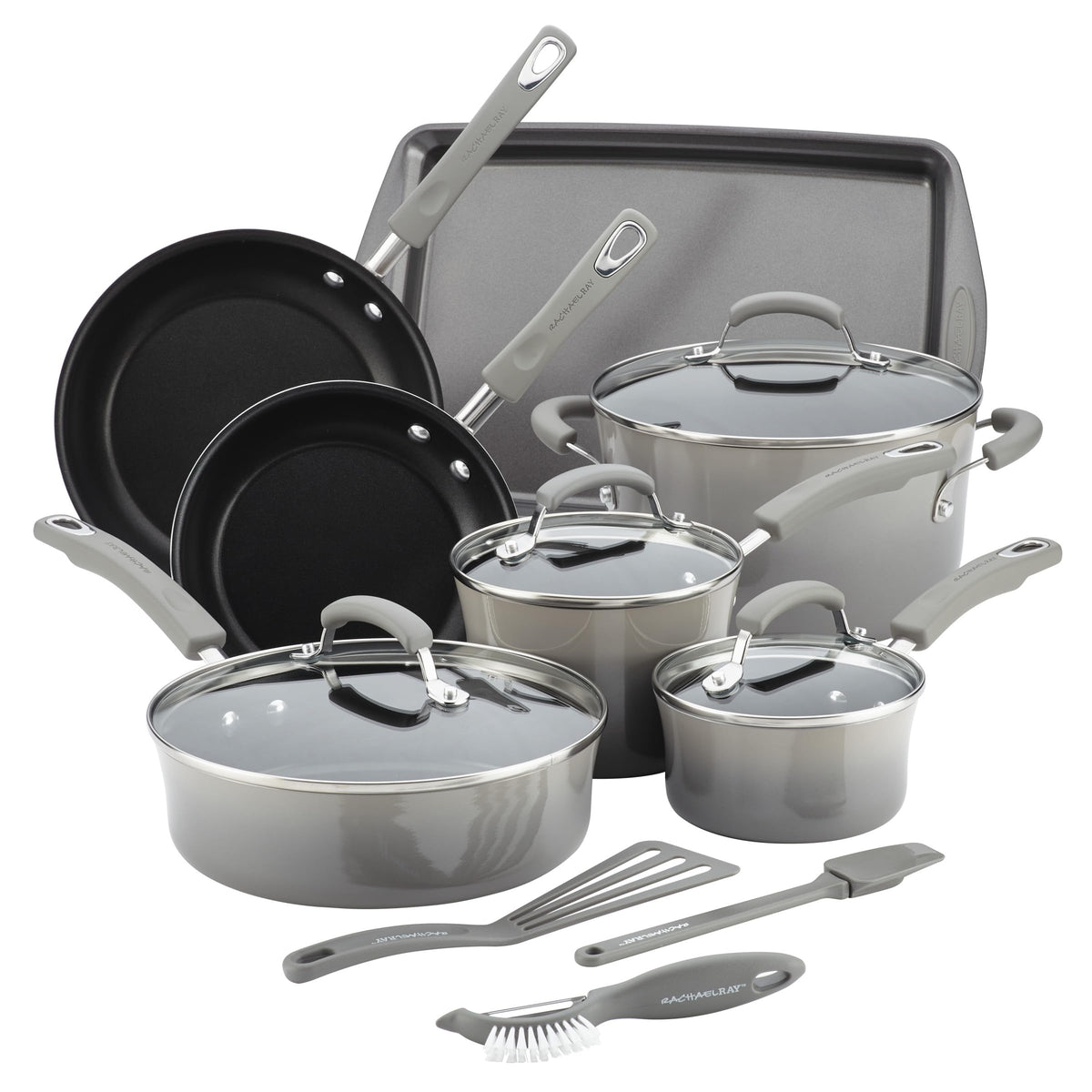 Rachael Ray Classic Brights Hard Enamel Aluminum, 14-Piece, Sea Salt Gray