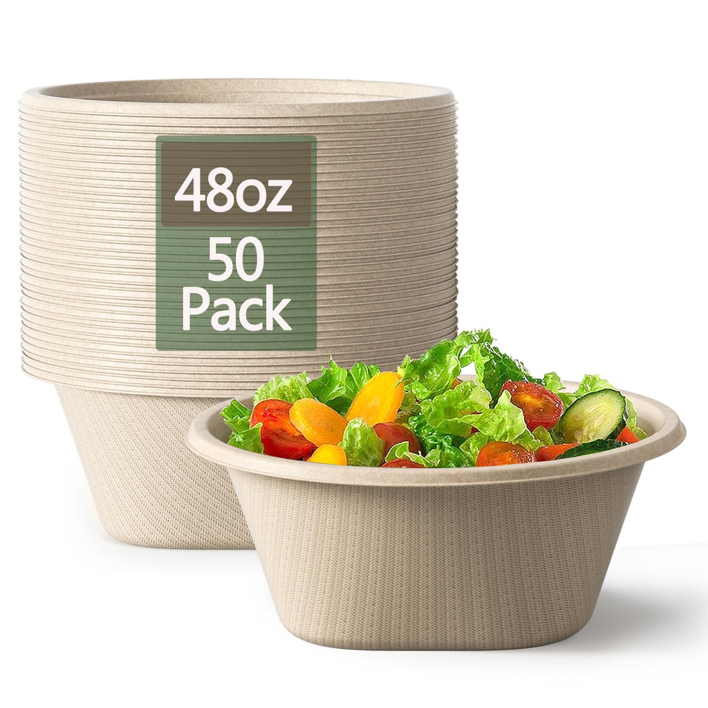 Homestockplus 48 Oz Disposable Bowls - Heavy Duty and Compostable Bowl - Made from Sugarcane and Bamboo Fibers, Microwave Safe - Large Paper Bowl for Soup, Salad, Ramen, Popcorn, etc. [50 Pack]