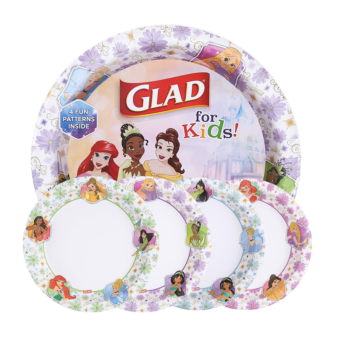 Glad for Kids Disney Princess Disposable Paper Plates, 8.5 in, 40 Count | Soak-proof, heavy duty design for everyday meals, school lunches, and birthday parties