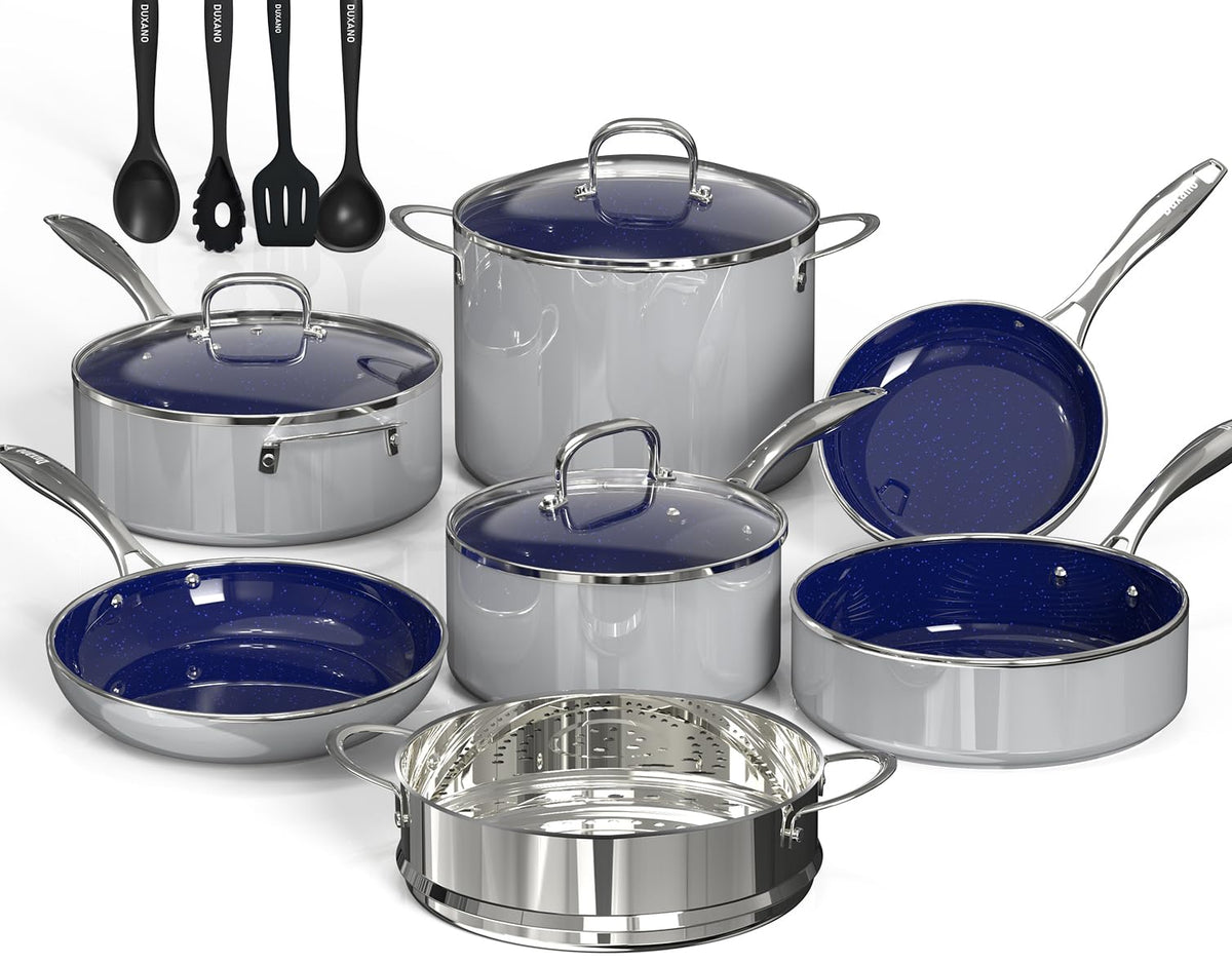 14PC Pots and Pans Set Non Stick Gray, Ceramic Cookware Set, 9H Diamond-Reinforced, Forged Aluminum Fast Even Heating, PFAS-Free, Stay-Cool Stainless Handles, Induction, Oven & Dishwasher Safe