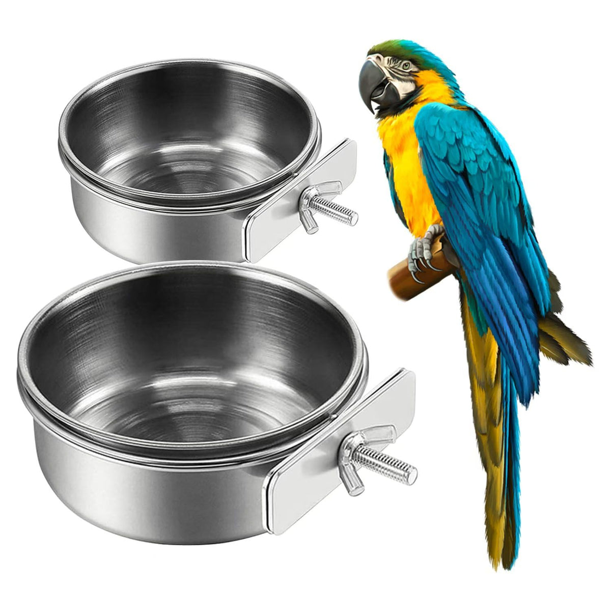 2Pcs Stainless Steel Bird Feeding Bowls, Parrot Food Water Feeder Cage Cup Holder Dia 3.93",4.72"